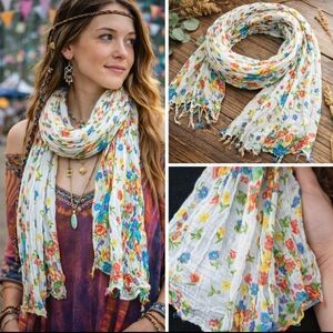 Lightweight Floral White Scarf Sheer Boho Wrap Spring Garden Multi Color